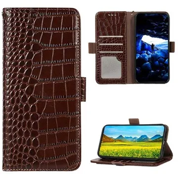 Crocodile Series Motorola Moto E32 Wallet Leather Case with RFID - Brown