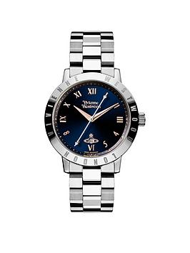 Vivienne Westwood Bloomsbury Blue And Rose Gold Detail Date Dial Stainless Steel Bracelet Ladies Watch