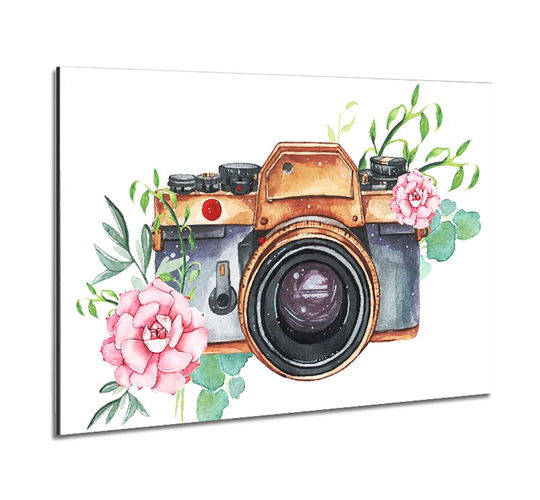Vintage Camera Floral - Unframed Graphic Art on Metal
