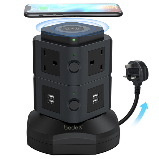 (Gray) Socket Tower Mains Power Extension Lead 6 Way 4USB