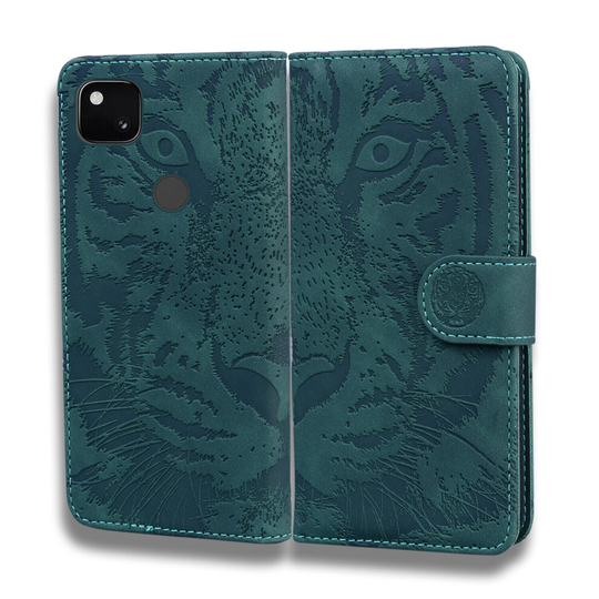 Tiger Embossed Flip Walle PU Leather Phone Case For Google Pixel 4A 4g Cover-Green