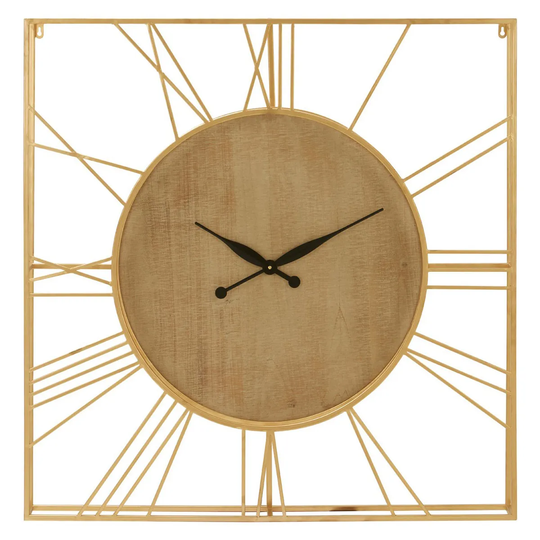 Premier Housewares Yaxi Iron Wall Clock - Faux Gold Foil/Natural Wood