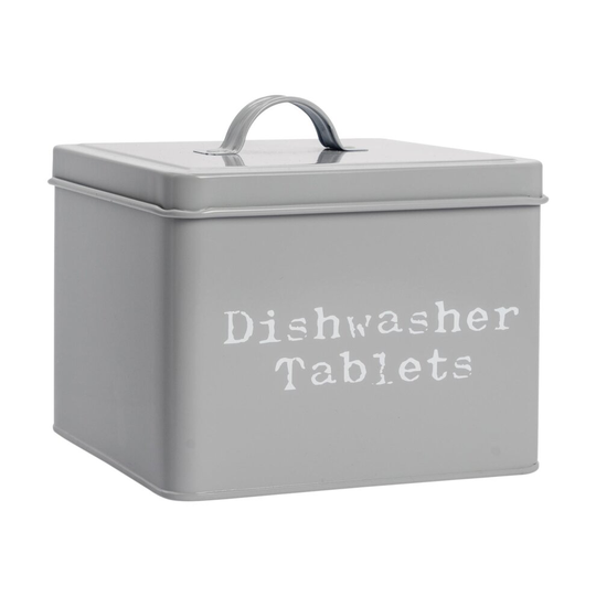 Dishwasher Tablets Storage Container Box Vintage Tin Metal Home Kitchen Grey