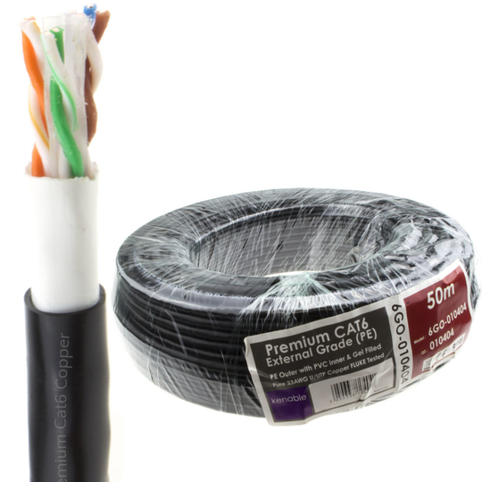 kenable Premium External CAT6 Outdoor COPPER Ethernet Network Cable Reel with Gel 50m