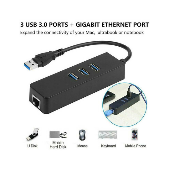 High Speed 3 Port USB HUB 3.0 Gigabit 1000M Ethernet Desktop PC Laptop Adapter