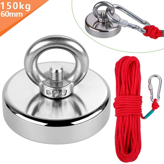 Anpro Round Neodymium Eyebolt Fishing Magnet with 66ft Red Rope, Super Power N52 Pulling Force 330LB(150KG), Perfect for Magnet Fishing and Salvage