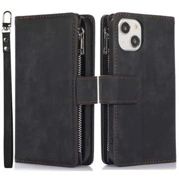 iPhone 14 Wallet Case with Wrist & Shoulder Strap - Black