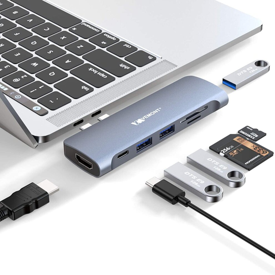 USB C Hub for MacBook Pro/Air,VEMONT 7 in 2 Type C Adapter with Thunderbolt 3 PD 100W,4K HDMI,3*USB 3.0 Ports,SD TF Card Reader,USB C Docking Station