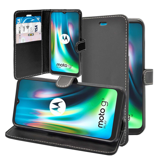 (Black) For Motorola G9 Play Case Wallet Flip PU Leather Kickstand Card Holder Phone Cover