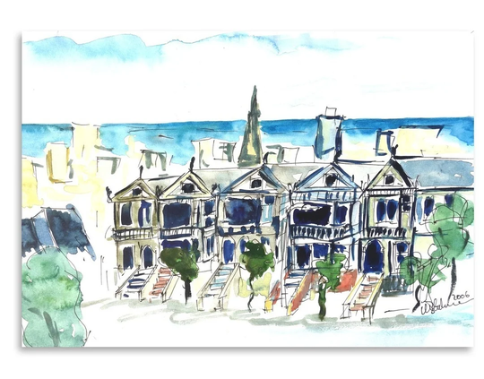 San Francisco Victorian Houses by M Bleichner - Unframed Painting Print on Paper