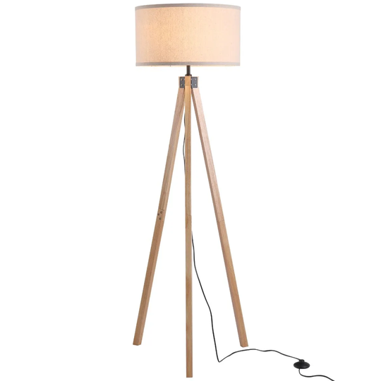 HOMCOM Wood Tripod Floor Lamp Home Lighting Elegant E27 Bulb Linen Shade Beige