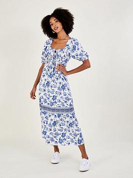 Monsoon Floral Print Tie Detail Midaxi Dress, Blue, Size S, Women