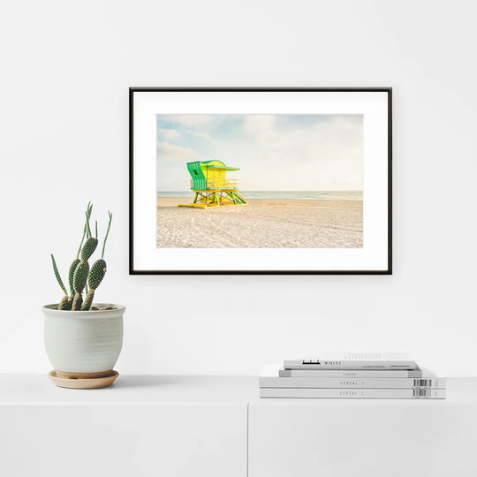 GREEN BEACH CABIN, Framed Graphic Art Print.