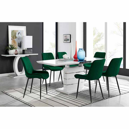 Furniture Box Renato High Gloss Extending Dining Table and 6 x Green Pesaro Black Leg Chairs