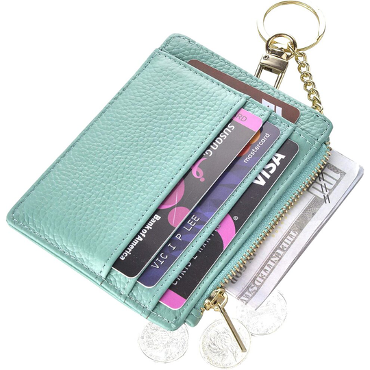 ehsbuy Slim Credit Card Holder Wallet RFID Blocking Leather Zipper Coin Purse Keychain Wallets for Women & Men (Lichee Teal)