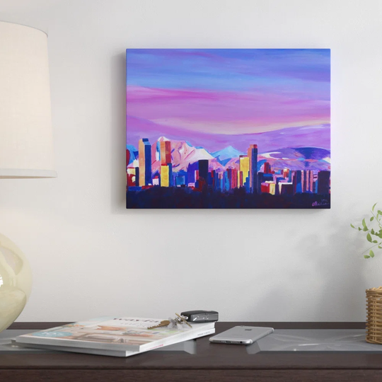 Denver Colorado Sunset Mood with Mountains Painting on Unwrapped Canvas