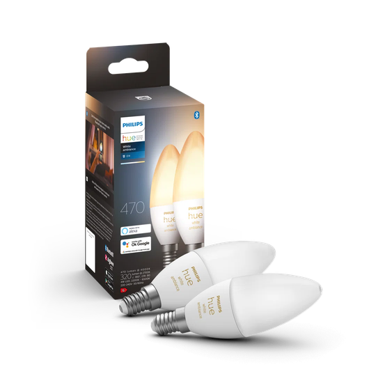 Philips Hue White Ambiance Smart Candle Bulb Twin Pack LED E14 with Bluetooth - 470 Lumen