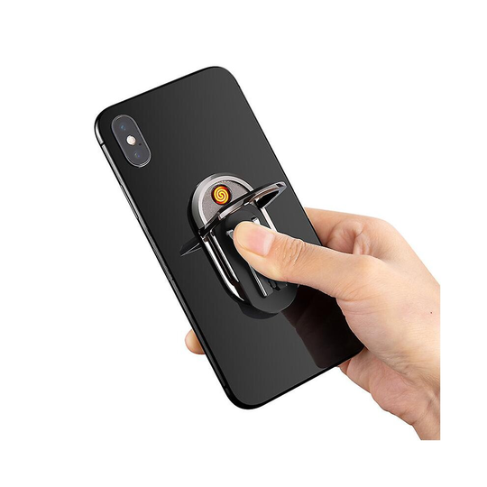 (Black) 2 In 1 Rechargable Cigarette Lighter Car Phone Holder Stand Phone Ring Bracket