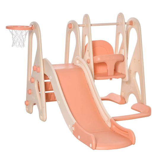 Jouet 3-in-1 Kids Slide & Swing Set with Basketball Hoop - Peach