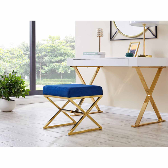 Furniture Box Oxford Modern Gold Metal And Velvet Luxury Upholstered Square Blue Seat Bench