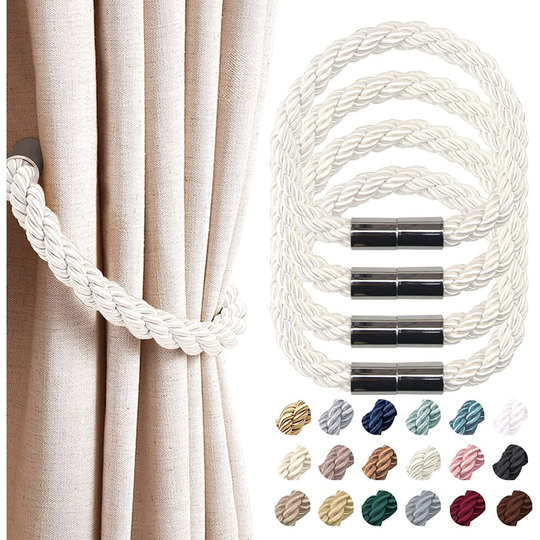 (4 Pack, Creamy-white) Strong Magnetic Curtain Tiebacks Modern Simple Style Drape Tie Backs Convenient Decorative Weave Rope Curtain Holdback