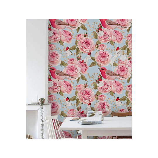 Grimson English Rosesbirds Wallpaper