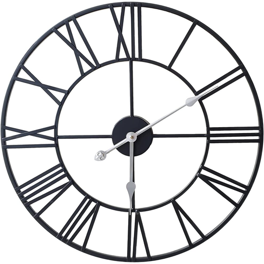 Klass Home 50cm Black Metal Large Wall Clock INDOOR / OUTDOOR Wall Clock | Silent Non-Ticking Roman Numerals Clocks For Living...
