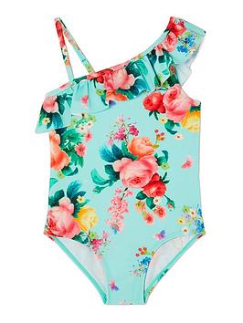 Monsoon Girls S.E.W. Floral Frill Swimsuit - Turquoise