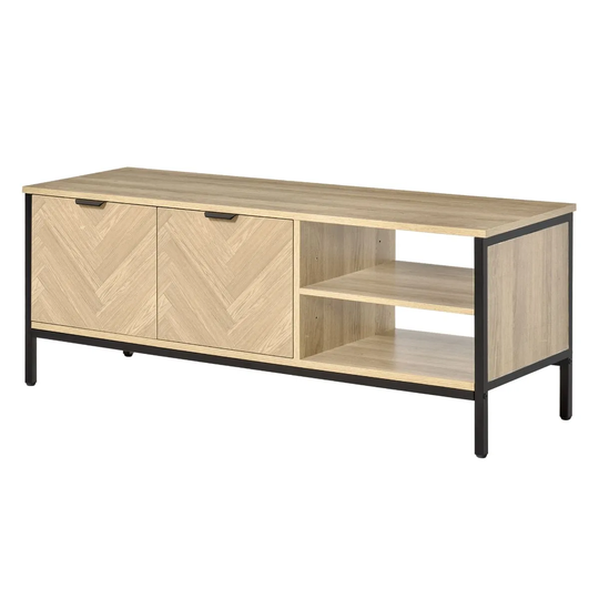 HOMCOM Double Door TV Stand With Adjustable Storage Shelves Herringbone Wood Finish