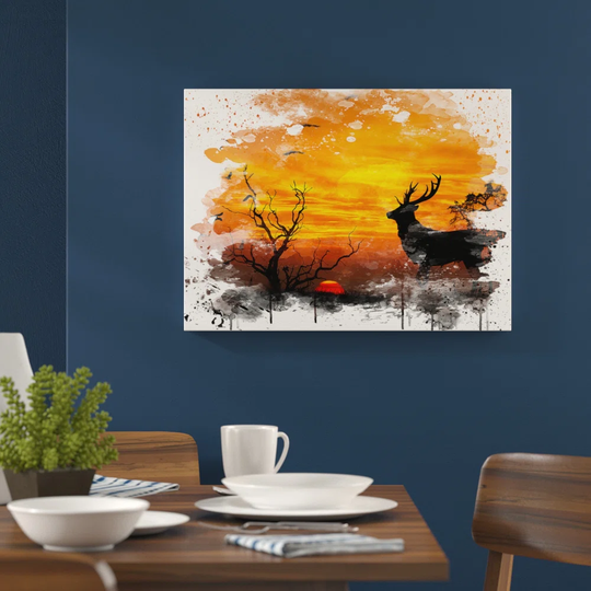 'Sunset Stag and Birds Landscape' Graphic Art Print Poster