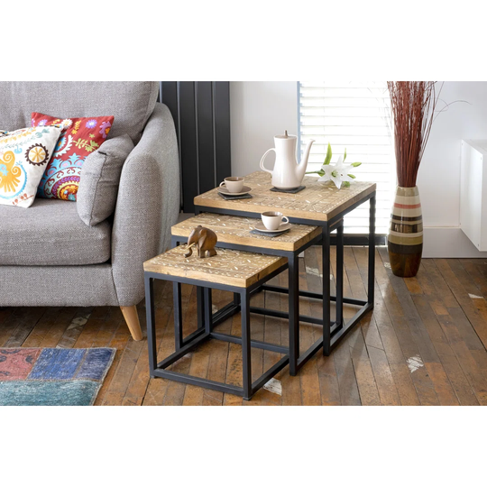 Nest Of 3 Mangowood Hand Carved Square Tables