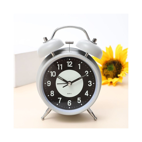(Grey, 10*5.5*16cm) Luminous Round Alarm Clock Silent Analog Clock Glow in the Dark Bedroom Table