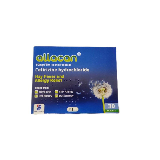 Allacan Cetirizine Hydrochloride Hayfever Allergy 10mg 30 Tablets x 12 Packs