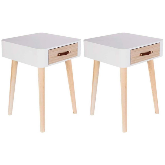 Scandinavian Bedside Table With Drawer And Leather Handle (Set Of 2)