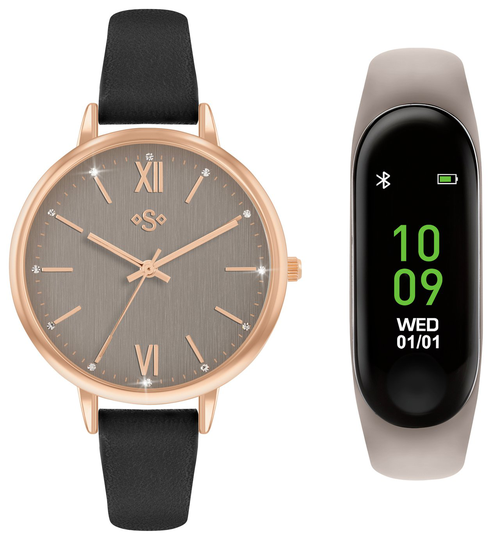 Spirit Ladies Grey Fitness Tracker/ Black Strap Watch Set