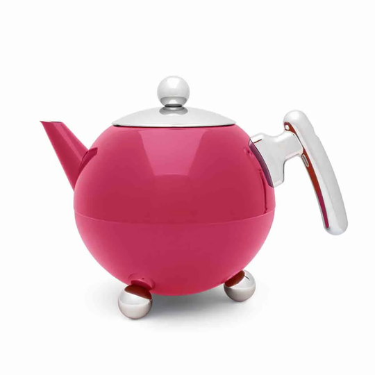 Bredemeijer Teapot Double Wall Bella Ronde Design 1.2L In Dark Magenta With Chrome Fittings