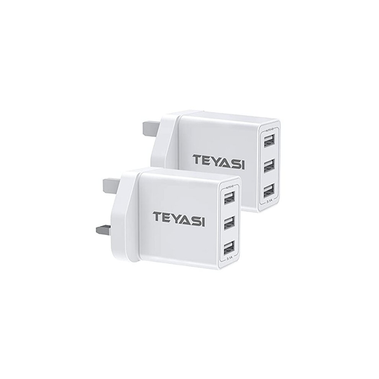 2Pack USB Plug Charger,TEYASI Multi USB Plug Adaptor UK 3 Port Mains Charger with Smart IC Fast Charging Technology Charge for iPhone 11 10 XS Ma
