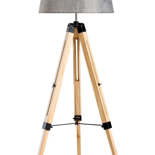 (Grey Shade) Homcom Wooden Adjustable Tripod Floor Lamp