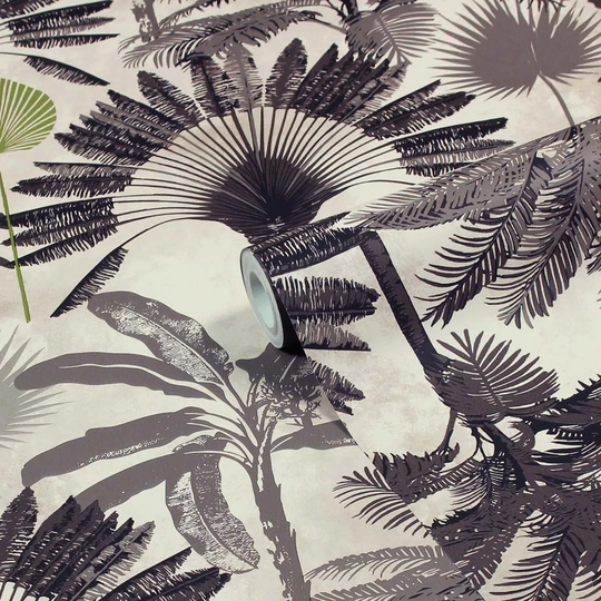 Furn. Malaysian Palm Blush Pink/Charcoal Grey Tropical Printed Wallpaper