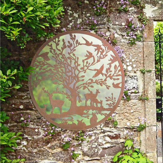 MirrorOutlet Stag Deer Tree Design Round Garden Mirror 100 X 100 Cm 3Ft3 X 3Ft3