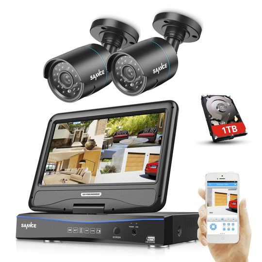SANNCE 4CH 720P CCTV DVR System with 2 PCS Day Night Weatherproof Security Cameras System with 1TB Hard Drive, Hybrid Video Recorder, HDMI Output,...