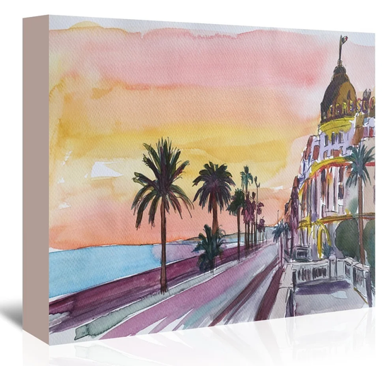 Nice France Seaview at Sunset by M Bleichner - Wrapped Canvas Painting Print