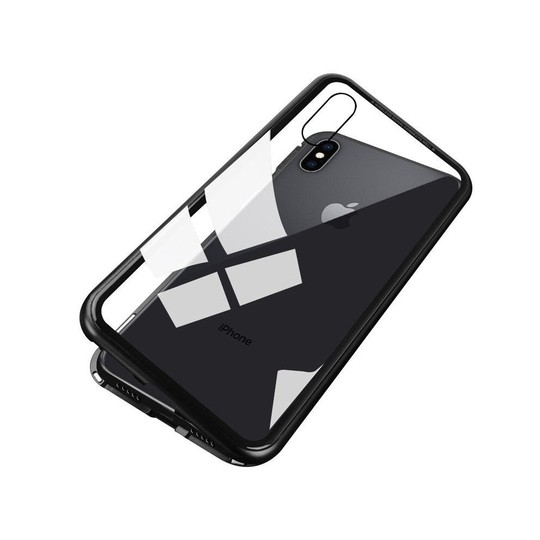 Magnetic Absorption Metal Edge & Glass Back Case for iPhone 8 Plus - Black