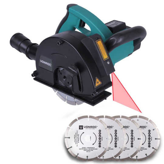 VONROC Wall chaser with laser - 1700W - 150mm - Including 6 diamond discs, vacuum cleaner adapter and storage bag