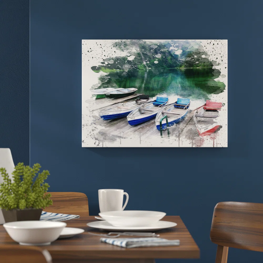 'Boats on Jetty Lake and Mountains' Graphic Art Print Poster