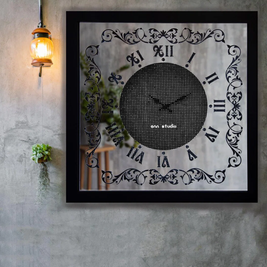 Handmade Wall Clock Contemporary Glamour Mirror Modern Onn Studio Crystal Jewel Rhinestone Floral Square Large Statement Office Home Decor