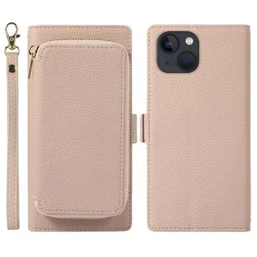 iPhone 14 Plus 2-in-1 Magnetic Wallet Case with Zipper - Apricot