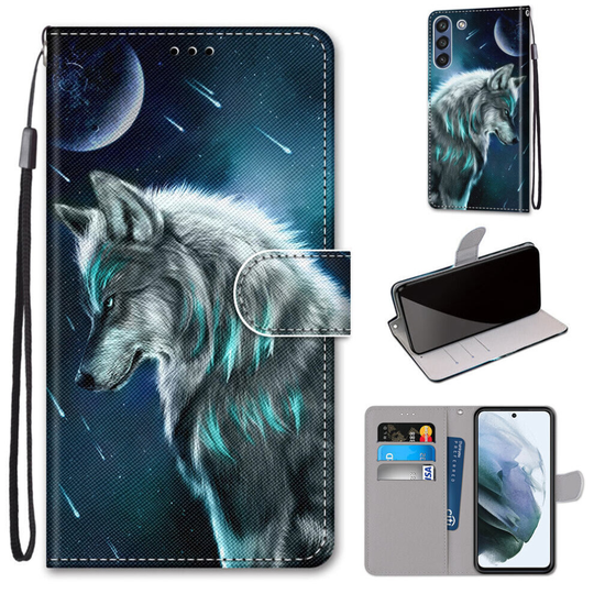 Samsung Galaxy S21 FE Case Pattern Cover Folio with kickstand Wolf