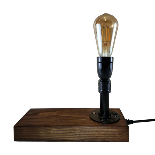 Retro Water Pipe Industrial Table Lamp Steampunk Wood Base UK Plug In Desk Light