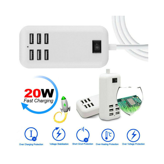 Multi 6 Ports Wall Hub USB Charger Power Supply Mains Cable Adapter UK Plug Cord